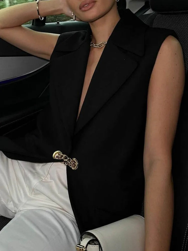 Freeacy solide noir sans manches gilet vêtements d'extérieur pour les femmes revers col en v profond manteau Extra-long 2025 printemps et été hauts à la mode