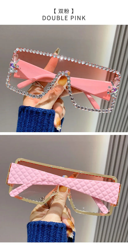 Lunettes de soleil une pièce pour femmes, grande monture rectangulaire incrustée de diamants, avec diamants d'eau