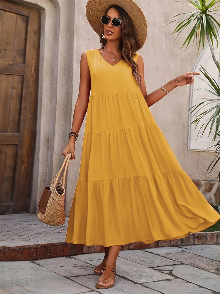 Robe longue d'été décontractée pour femmes, marque de vacances, plage, col en v, ample, élégante, jaune, noir, à volants, 2024
