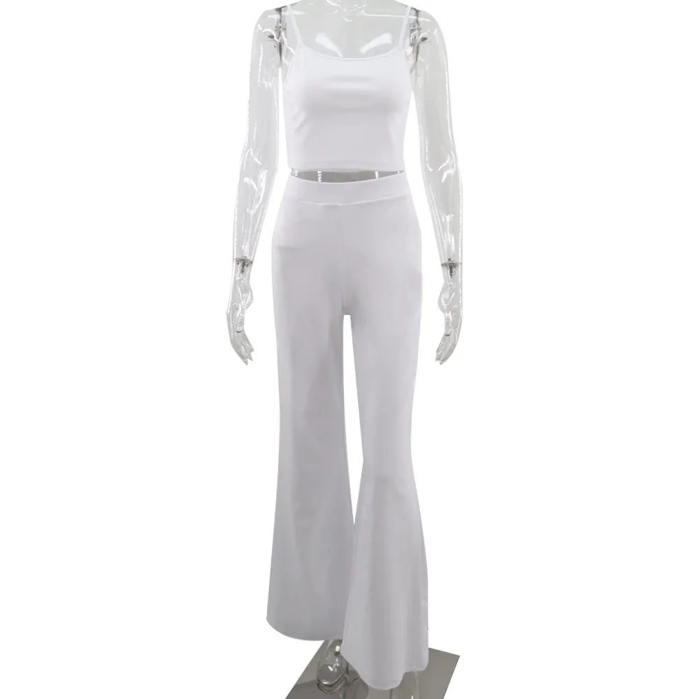 Haut court à bretelles spaghetti et pantalon évasé adt pour femmes, olympiques décontractés, ensemble deux pièces monochromes simples, tenues d'été sexy