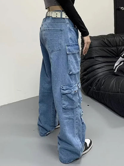 Jean Baggy à jambes larges pour femmes, pantalon Cargo multi-poches, nouvelle mode Harajuku Y2K, Streetwear, jean bleu délavé, 2025