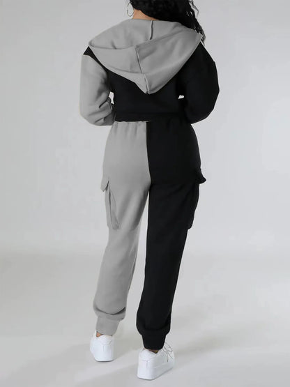 veste sport deux pièces ample pour femmes, ensemble assorti, survêtement à capuche, fermeture éclair bloquée, vêtements d'extérieur courts, pantalon Cargo avec cordon de serrage, automne hiver