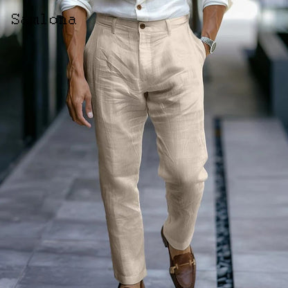 Pantalon en coton et lin pour hommes, grande taille, poches sur pied, couleur unie, blanc, longueur cheville, Style occidental, décontracté, plage, nouvelle collection 2025