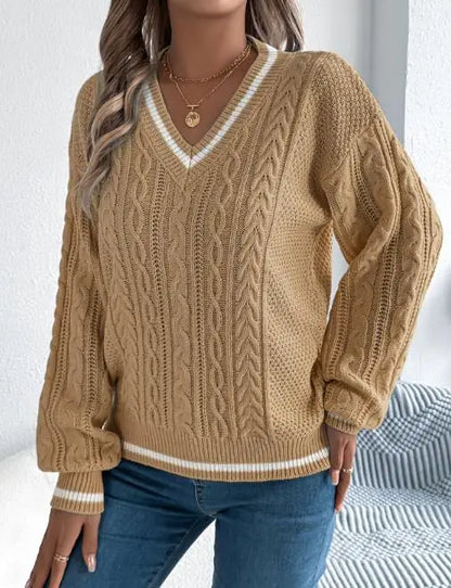 Pull femme 2025 mode Style décontracté automne hiver nouvelle couleur bloquant col en v pâte frite torsion lanterne à manches longues pull