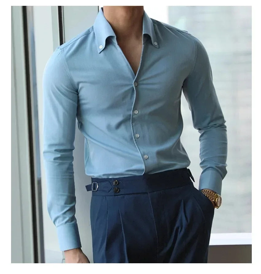 Chemise à col italien pour hommes, sans plis, décontractée, à la mode, coupe ajustée avec un Design à revers, vêtements de marque, pour jeunes, nouveau
