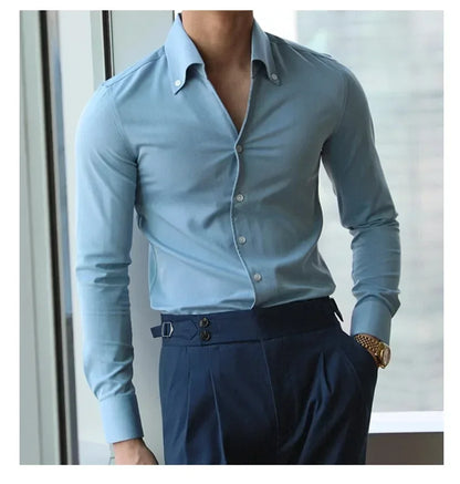 Chemise à col italien pour hommes, sans plis, décontractée, à la mode, coupe ajustée avec un Design à revers, vêtements de marque, pour jeunes, nouveau