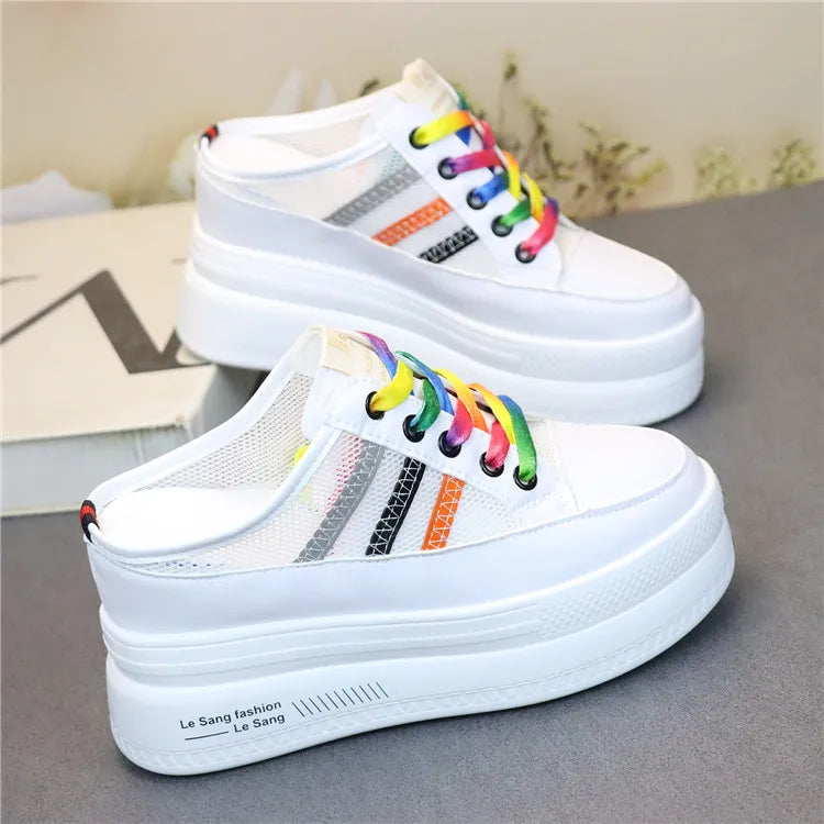 Pantoufles d'Été à Semelles Compensées pour Femmes, Chaussures Paresseuses en Maille Respirante pour Petits Pieds, Sandales à Plateforme Antidérapantes