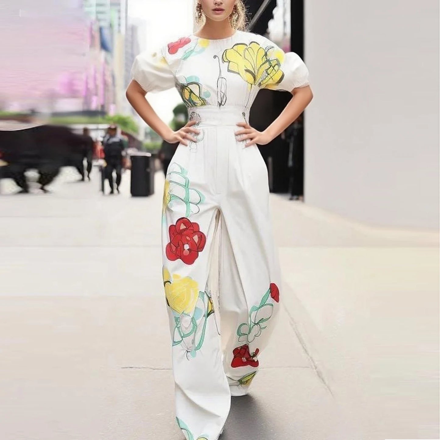 Krisstargirl tenue d'été 2 pièces ensemble pour femme 2025 nouvelle fleur imprimé Blouses haut et pantalon plissé à jambes larges ensembles femme vêtements
