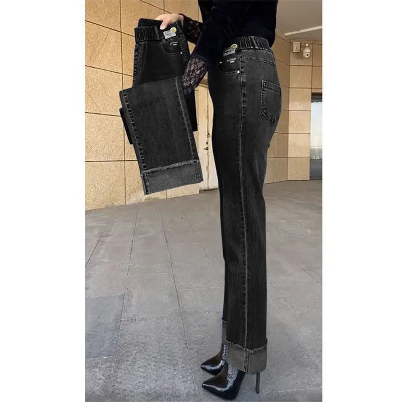 Jean femme d'âge moyen printemps automne taille extensible pantalon en Denim droit grande taille ample taille haute décontractée noir bleu pantalon