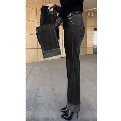 Jean femme d'âge moyen printemps automne taille extensible pantalon en Denim droit grande taille ample taille haute décontractée noir bleu pantalon