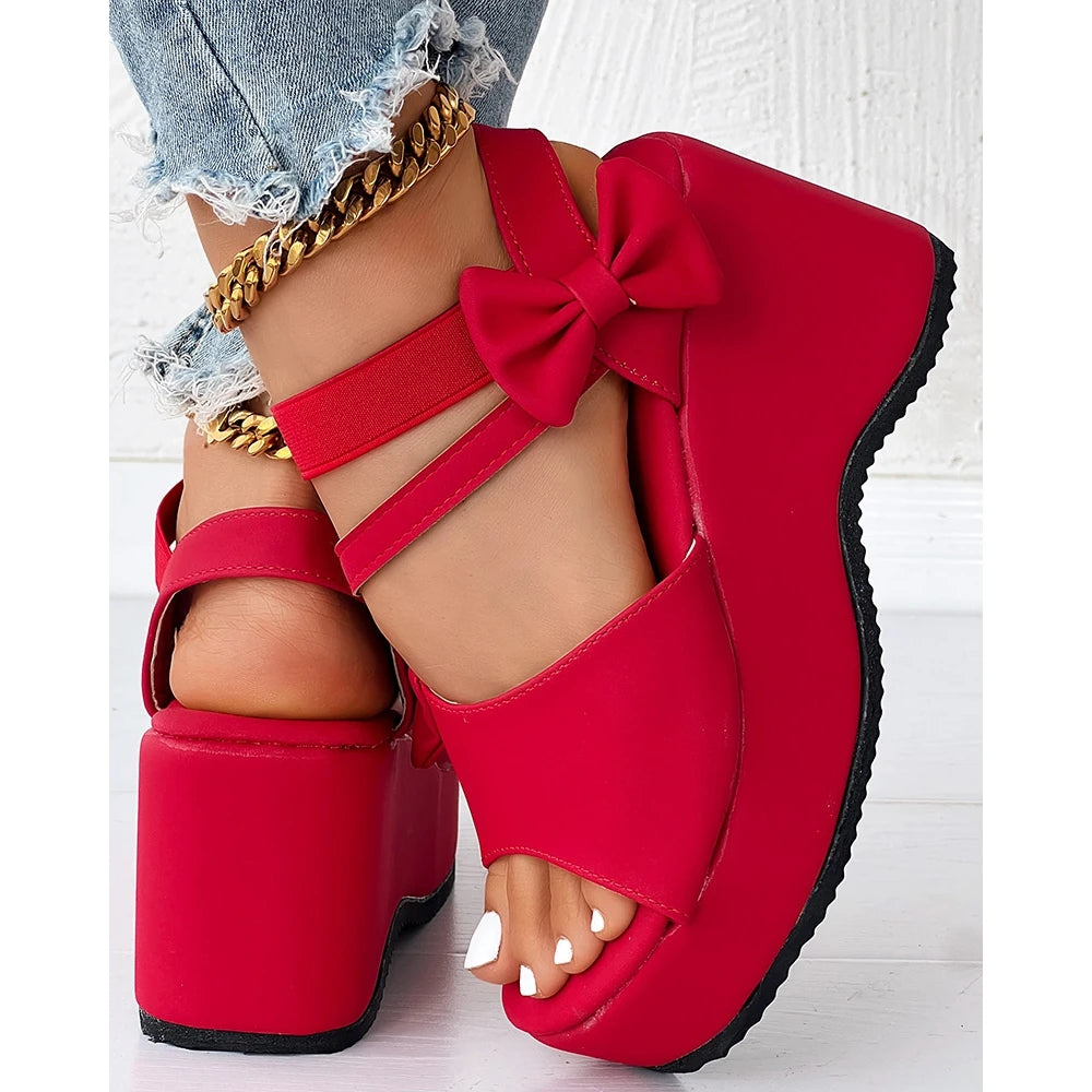 Peep Parker-Sandales à l'offre elles compensées avec nœud papillon pour femmes, sandales en daim, style coréen, printemps, automne, été, 03/Casual, 2024