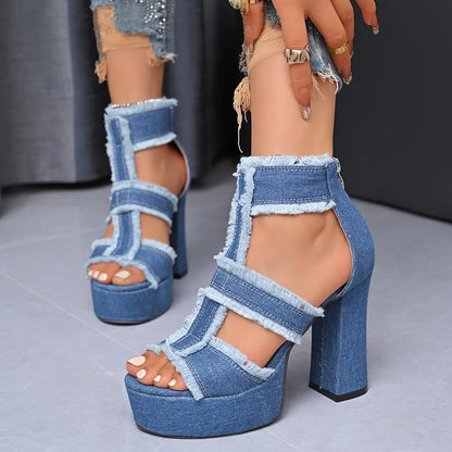 Sandales Peep Parker à talons hauts pour femmes, chaussures à plateforme, sangle de rinçage en denim bleu, mode extérieure sexy, été, nouveau