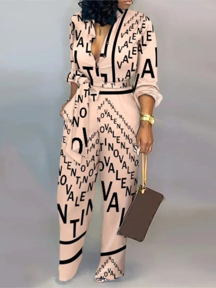 Femmes mode lettre imprimer à manches longues combinaison printemps bouton une pièce salopette Streetwear automne élégant bureau dame combishort