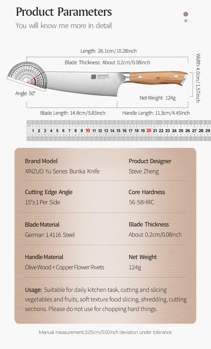 XINZUO 5,83 pouces Bunka couteau de chef allemand DIN 1.4116 acier 56 ± 2 HRC 15 ° Rivets en cuivre avec manche en bois d'olivier à 1 bords avec boîte cadeau