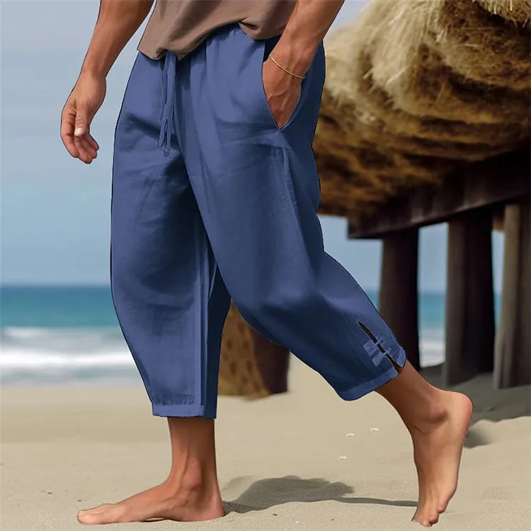 Pantalon en lin pour hommes, pantalon d'été, pantalon de plage, ceinture élastique, confortable et respirant, pantalon Captcha pour mollet, printemps