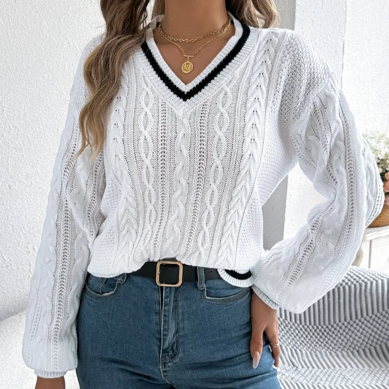 Automne hiver col en v pull pull femmes mode couleur bloc pulls Style Streetwear lanterne à manches longues tricoté chandails