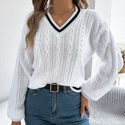 Automne hiver col en v pull pull femmes mode couleur bloc pulls Style Streetwear lanterne à manches longues tricoté chandails