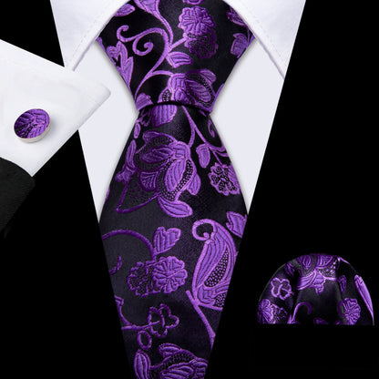 Barry.Wang violet lilas lavande soie hommes cravate mouchoir bouton de manchette ensemble Jacquard cravate florale pour homme mariage fête d'affaires