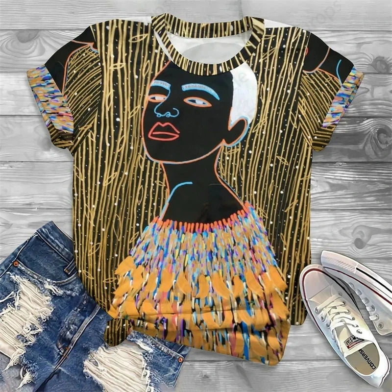 T-shirt col rond femme noir, streetwear, vintage, africain, impression 3D, mode décontractée, visage noir, baggy, t-shirts