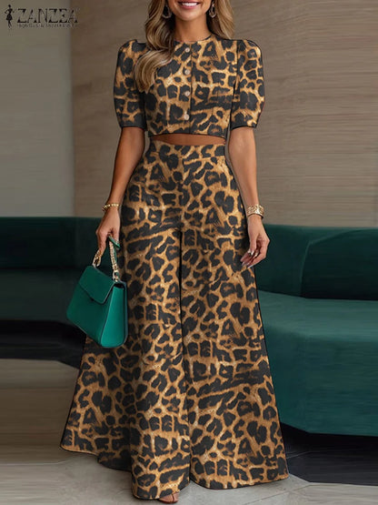 BS -  rue mode femme 2 pièces ensembles élégant manches courtes bouffantes haut court pantalon à jambes larges 2 pièces tenue élégant bureau pantalon ensembles