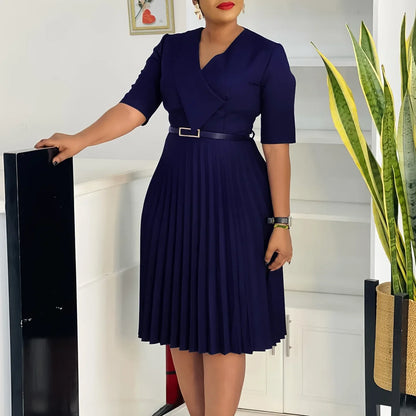 Robe plissée mi-longue en polyester à manches courtes et col en V pour femmes, vêtements africains, robe élégante, fête de mariage, été, Dashiki, 2025