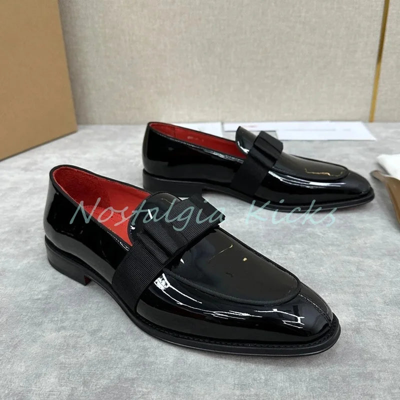 Mocassins à enfiler en cuir verni noir brillant pour hommes, chaussures habillées décontractées avec nœud décoré, chaussures de mariage élégantes pour hommes