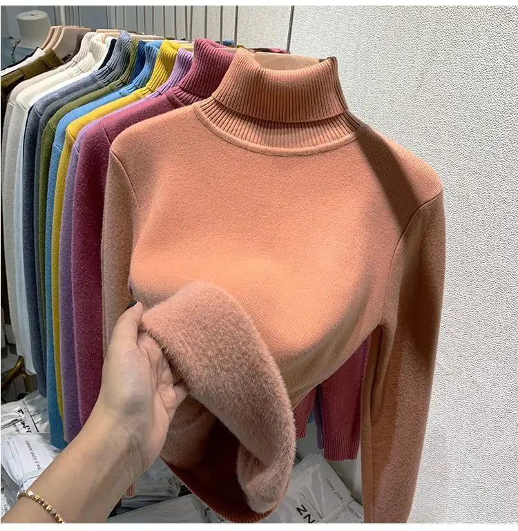 Pull épais à col haut pour femme, haut d'hiver chaud et doux, couleur unie, vêtements intérieurs, chemise à bascule, nouvelle collection 2025