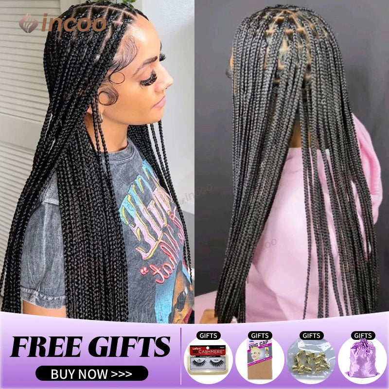 Perruques tressées synthétiques pour femmes noires perruque pleine dentelle tresse africaine sans noeud boîte tresses cheveux avant de lacet perruques pas cher Cornrow tresses