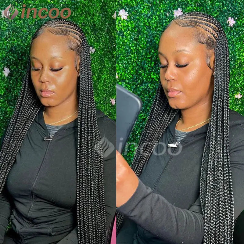 Perruque tressée synthétique Cornrow Box, perruques Full Lace Front, tresses tribales, perruque tressée Jgreeting Box, perruque tressée Faux Locs sans nœuds, 36 po