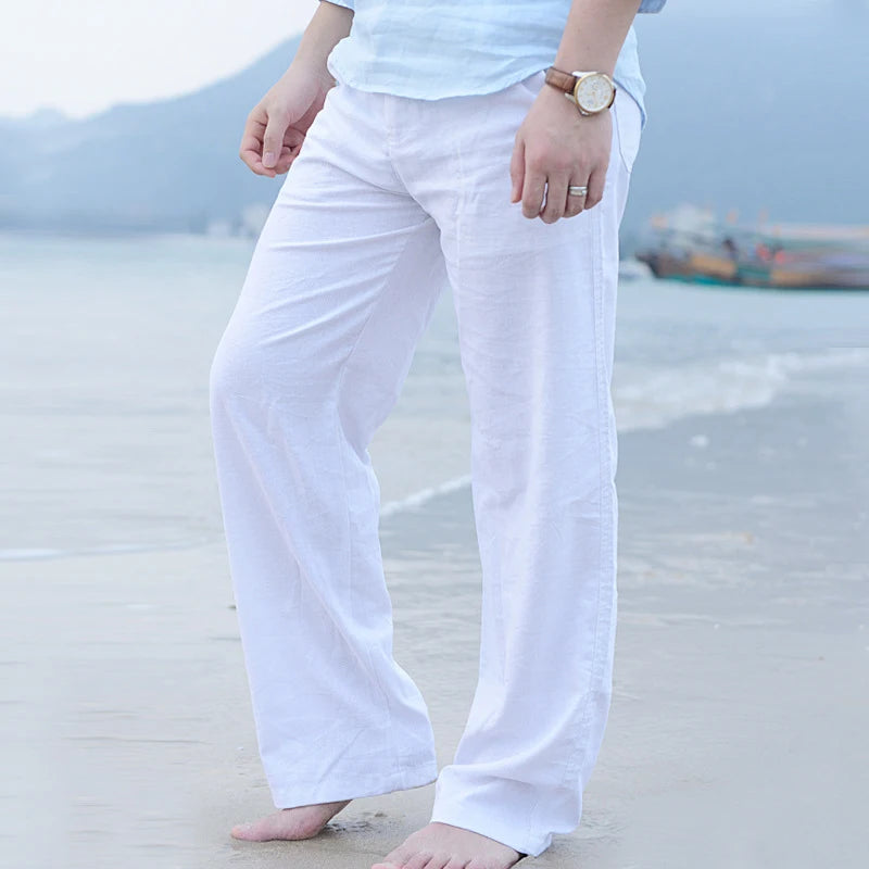 Pantalon Long en Coton et Lin pour Homme, Confortable, Blanc, Noir, Solide, Automne, Grande Taille
