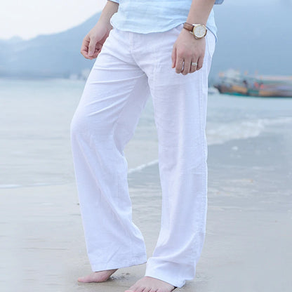 Pantalon Long en Coton et Lin pour Homme, Confortable, Blanc, Noir, Solide, Automne, Grande Taille
