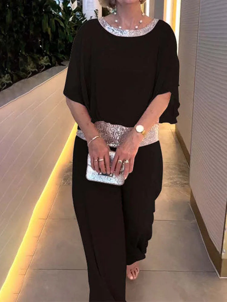 Femmes paillettes Patchwork ample chauve-souris Blouse pantalon ensembles 2 pièces vente rose chemisier ample et jambe large pantalon ample costumes NMD- 250310004