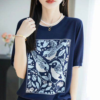 2025 été nouveau 100% Lyocell femmes à manches courtes décontracté col rond jacquard dessin animé T-shirt lâche hauts en tricot pull t-shirts cool