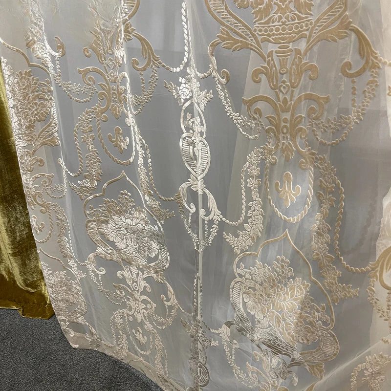 Rideaux occultants de luxe en feuille de velours de soie, estampage doré, pour salon, chambre à coucher, salle à manger, Nature, taille verticale personnalisée, Tulle blanc