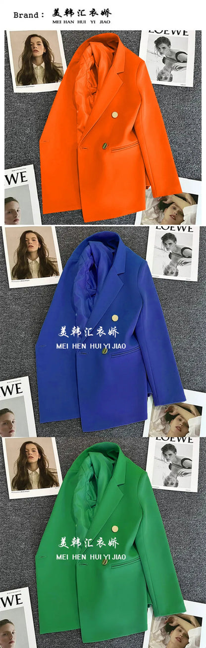 Couleur bonbon OL Blazer printemps automne cranté à manches longues Double boutonnage bouton en métal mince poche Blazer manteaux ZXFS-S602