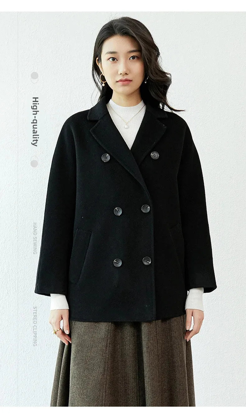 Manteau en laine Double face pour femme, épais, mi-long, col de costume, coupe ample, couleur Pure, polyvalent, nouveau Style automne hiver