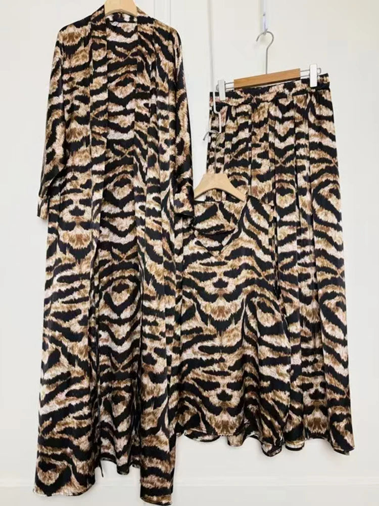 Cardigan long imprimé géométrique rétro, ensemble trois pièces, pull ample + jupe à jambes larges, costume à la mode pour femmes, été 2025