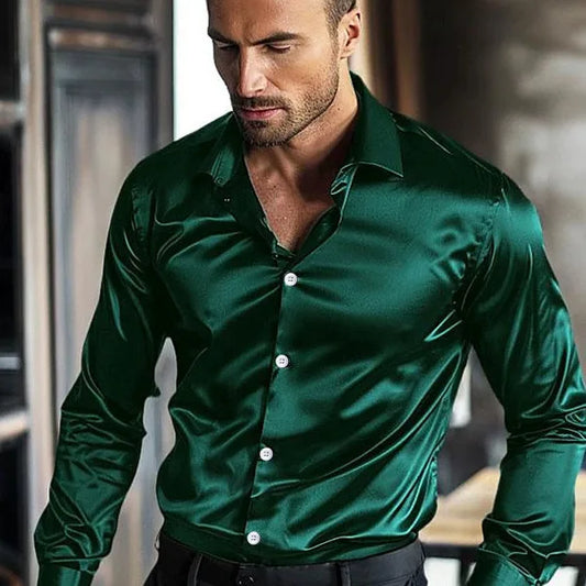 Chemise en Satin à Manches sulfpour Homme, Vêtement Décontracté à Boutonnage Simple, Col Rabattu, pour ixde Mariage