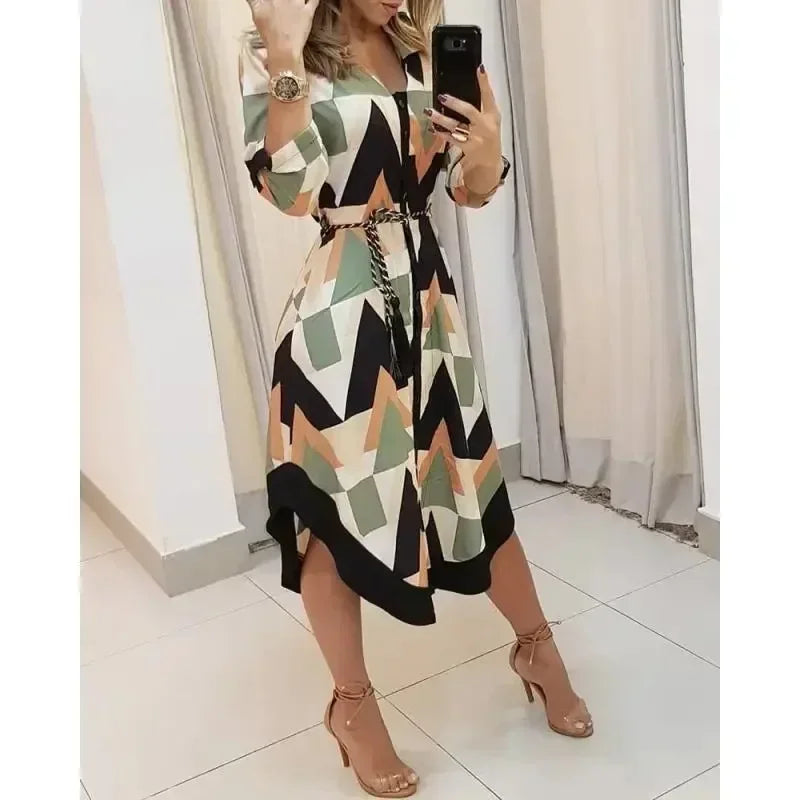 CommPiedmont-Robe d'été élégante pour femme, manches longues, revers, mode, rayure, imprimé, à lacets, décontracté, vacances, fête