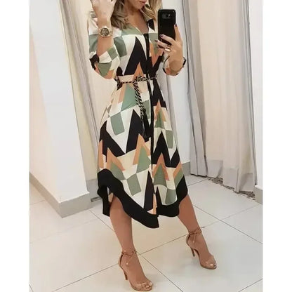 CommPiedmont-Robe d'été élégante pour femme, manches longues, revers, mode, rayure, imprimé, à lacets, décontracté, vacances, fête