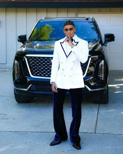 Costumes pour hommes, coupe cintrée, ensemble deux boutonnage, veste blanche 2 pièces, pantalon en velours bleu marine, costume de marié de mariage