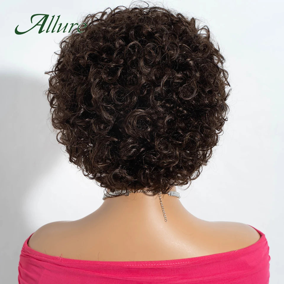 Jerry bouclés perruques de cheveux humains pour les femmes noires 10 pouces court Pixie Afro crépus bouclés perruque avec frange brun couleur cheveux perruques Allure