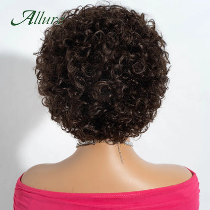 Jerry bouclés perruques de cheveux humains pour les femmes noires 10 pouces court Pixie Afro crépus bouclés perruque avec frange brun couleur cheveux perruques Allure