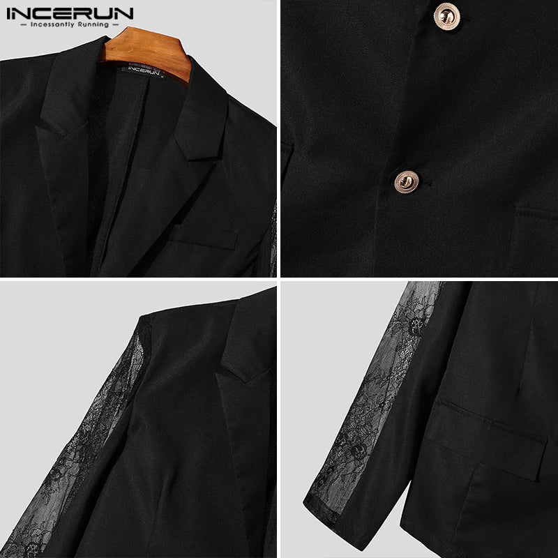 INCERUN hauts 2024 Style américain mode hommes Perspective dentelle épissage conception costume manteaux décontracté solide à manches longues Blazer S-5XL
