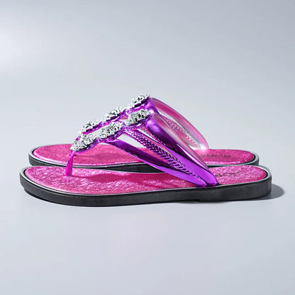 "Sandales tongs pour femmes avec strass, diapositives décontractées de plage pour vêtements d'extérieur, semelles plates et pantoufles d'été"
