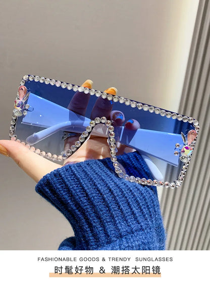 Lunettes de soleil une pièce pour femmes, grande monture rectangulaire incrustée de diamants, avec diamants d'eau