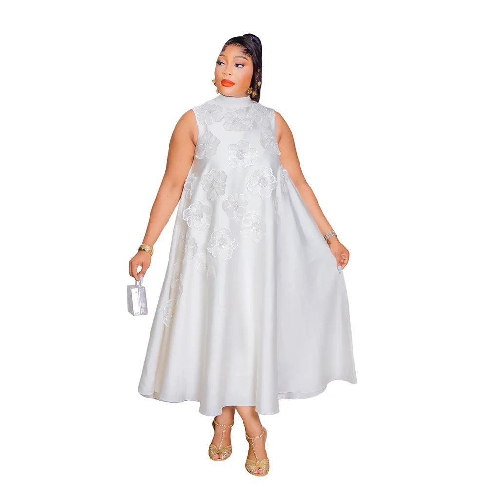 CM.YAYA femmes élégantes sans manches en vrac 3D fleur col rond robe 2025 été moulante rue africaine Midi Maxi robes longues robes