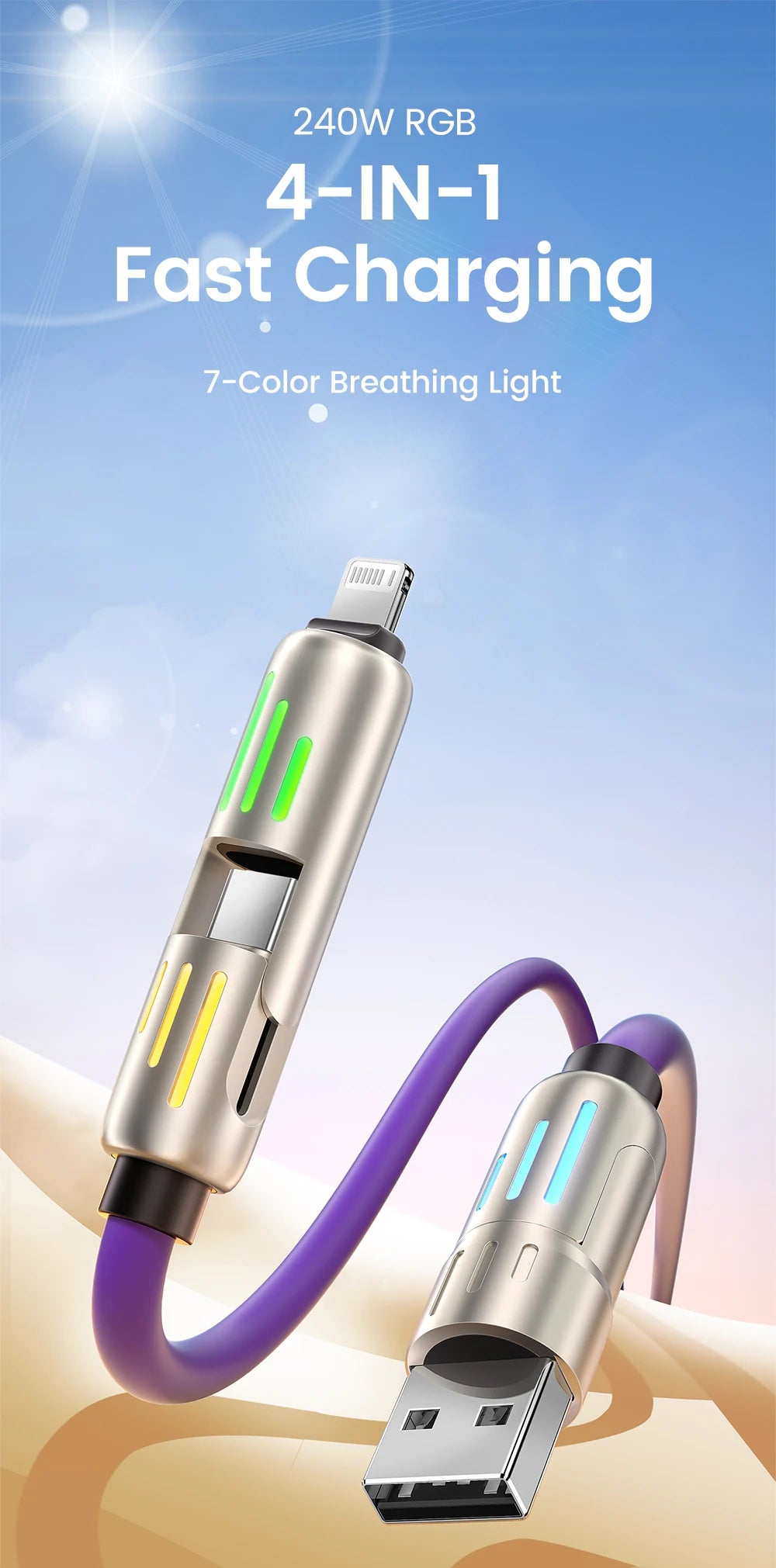 Câble de charge rapide USB vers Type C 4 en 1, 240W, PD3.0, transfert de données haute vitesse, pour iPhone 1514, Samsung, Xiaomi, HUAWEI