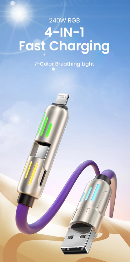 Câble de charge rapide USB vers Type C 4 en 1, 240W, PD3.0, transfert de données haute vitesse, pour iPhone 1514, Samsung, Xiaomi, HUAWEI