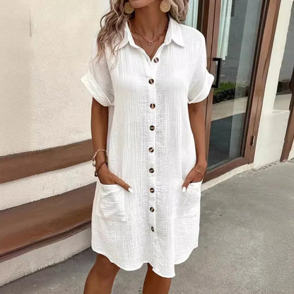 Robe boutonnée à col en V minimaliste pour femmes, coton, lin, blanc, manches courtes, poche, décontracté, chemise, été, mode